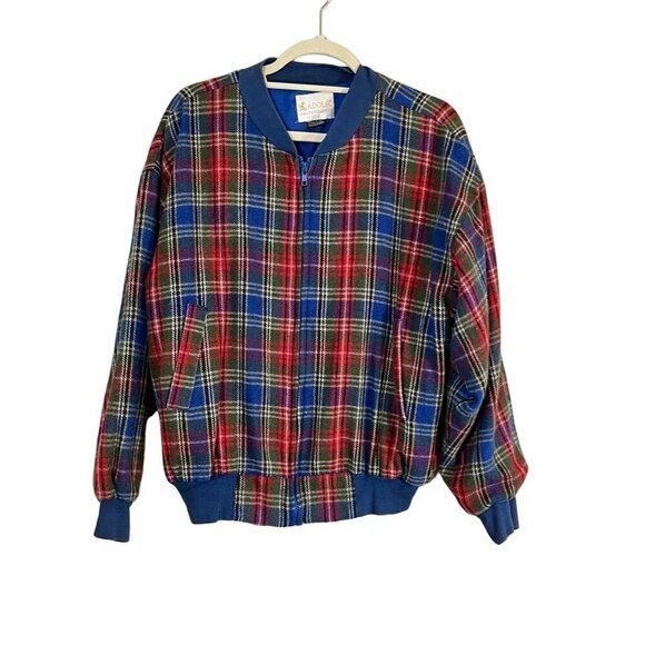 Vintage Wool Plaid Jacket M Blue Checks Retro Academia Resort Classic Bomber 80s - Picture 1 of 15